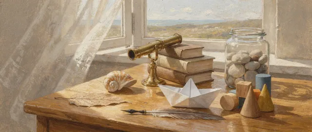 Gouache painting of a sunlit desk by an open window with a brass telescope, books, a seashell, a paper boat and wooden shapes