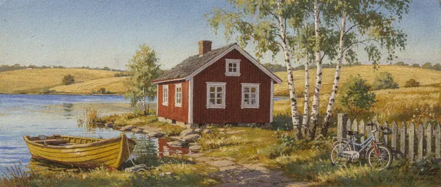 Gouache painting of a red wooden Swedish schoolhouse by a lake, with birch trees, a yellow rowing boat and a bicycle by the fence