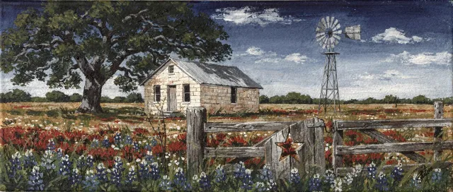 Gouache painting of a limestone Texas Hill Country schoolhouse among bluebonnets and red paintbrush, with a windmill, a live oak and a star on the gate