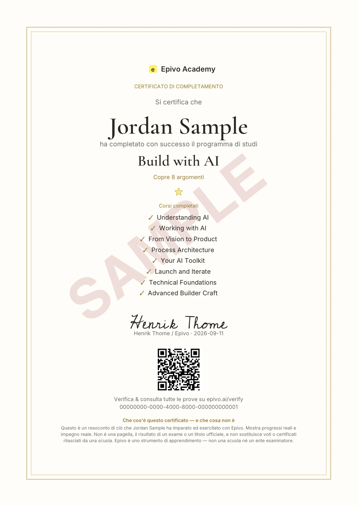 Screenshot del vero certificato di esempio Epivo di Jordan Sample per Build with AI