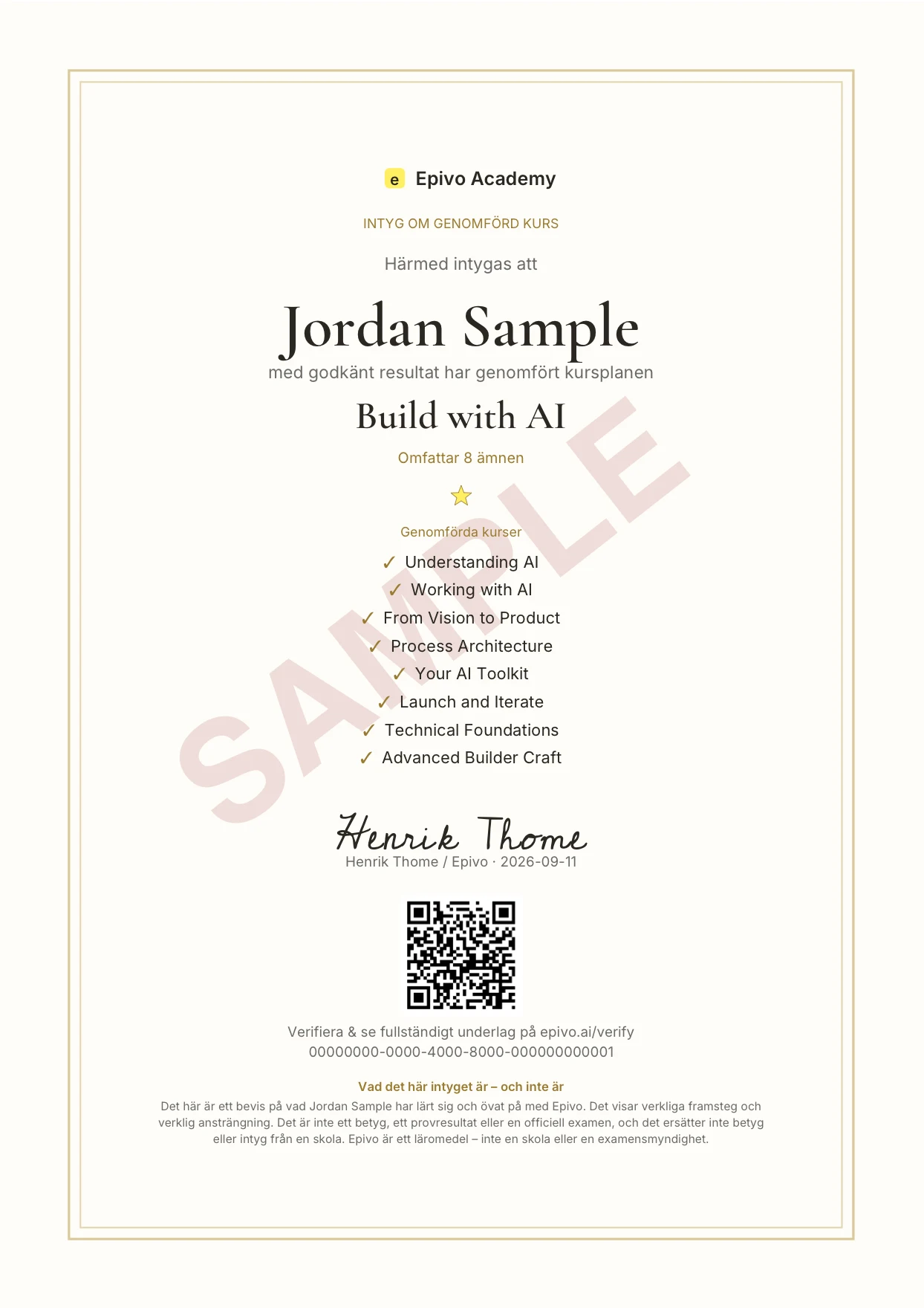 Skärmbild av Jordan Samples riktiga Epivo-exempelcertifikat för Build with AI